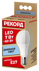 Лампа светодиодная LED A60 7W E27 4000K РЕКОРД кратно 5 /5/100